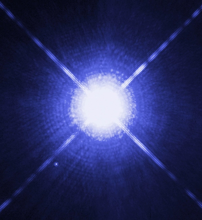 Sirius B sao lùn trắng mờ nhạt bên cạnh Sirius A sáng chói