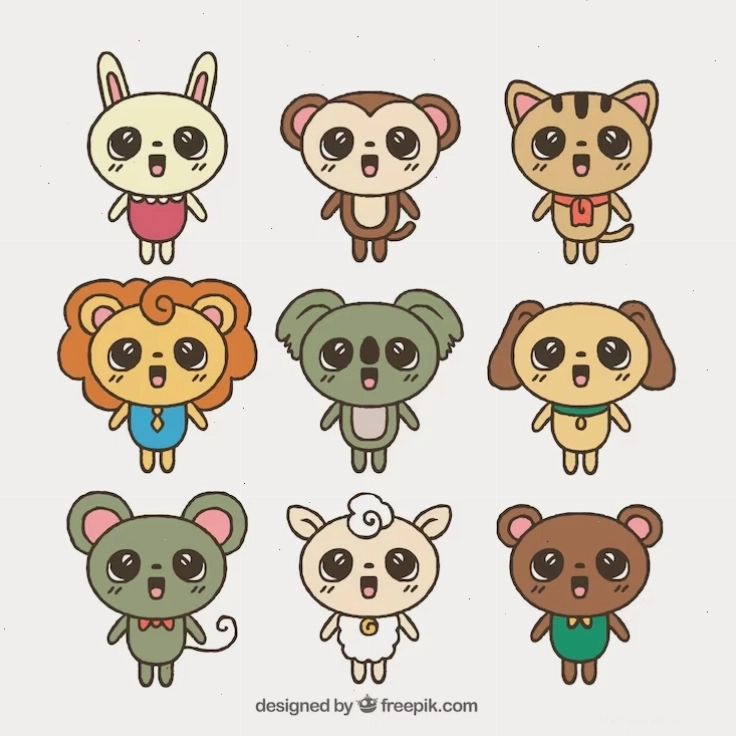 Miễn phí Vector bộ động vật kawaii vẽ tay