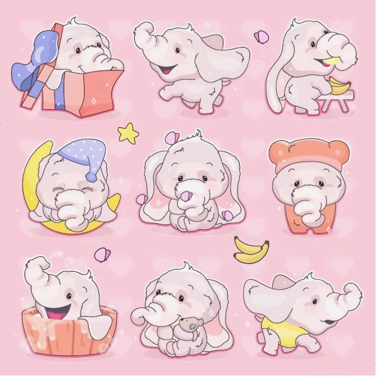 Vector bộ nhân vật hoạt hình kawaii voi dễ thương